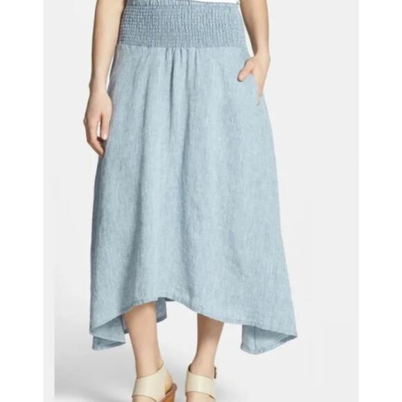 EILEEN FISHER organic linen asymmetrical midi maxi smocked skirt gray blue - Picture 1 of 9